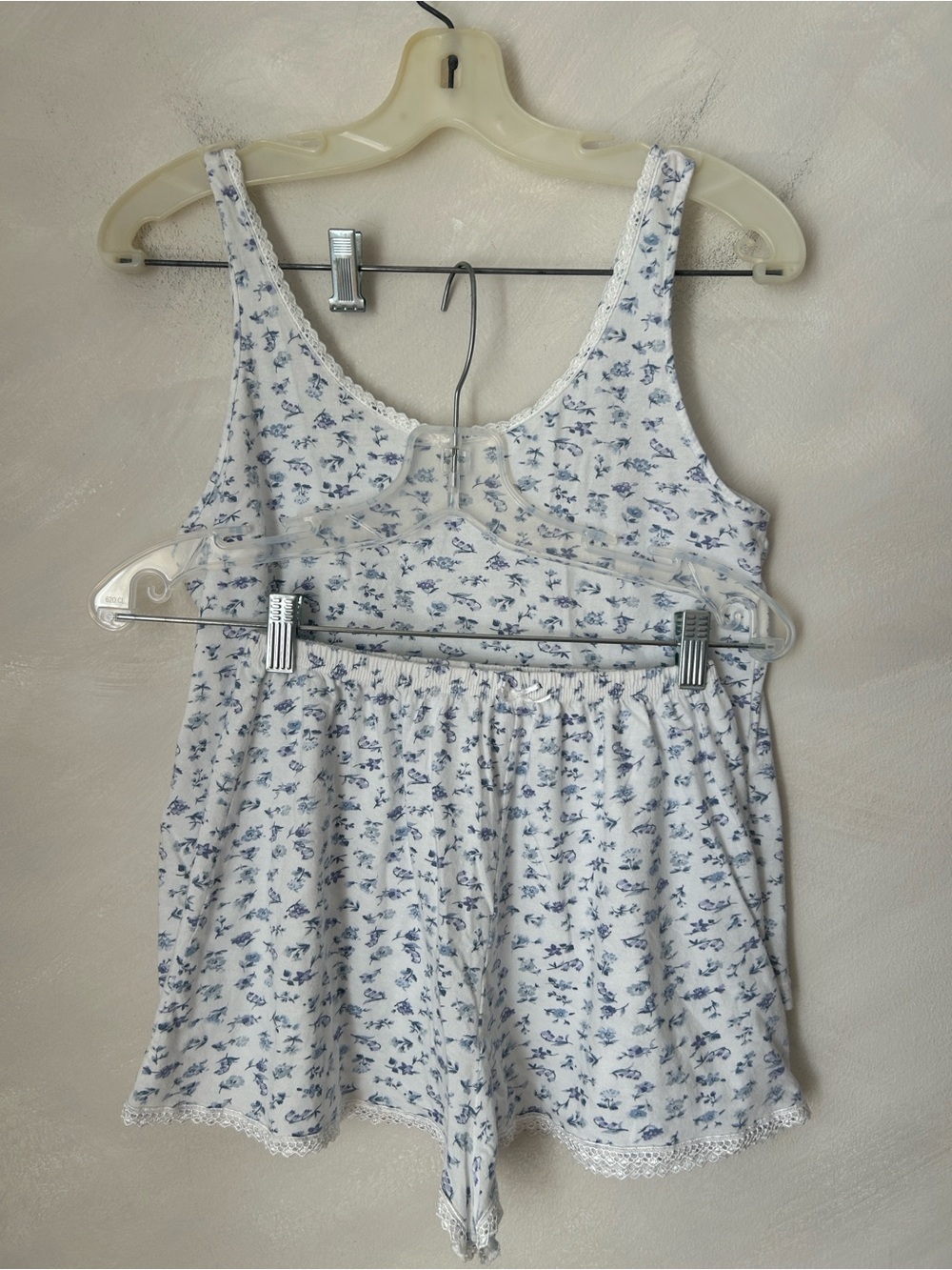 Vintage Pajamas Set Blue White Floral 100% Cotton tank top and shorts sz XS